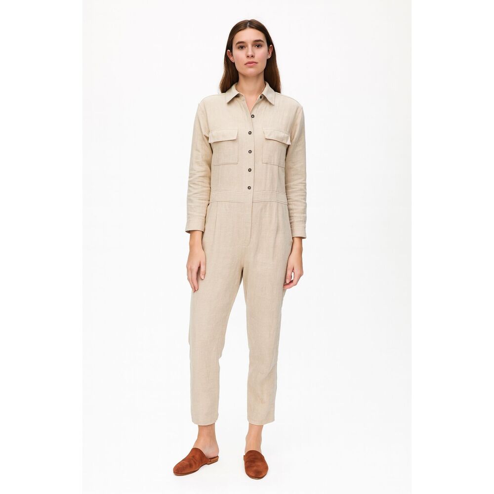 Jesse Kamm Beige Linen Jumpsuit Overalls Women's Size Medium